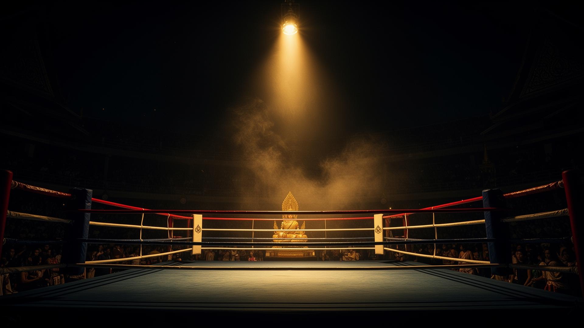 Empty Muay Thai ring lit by a single golden spotlight